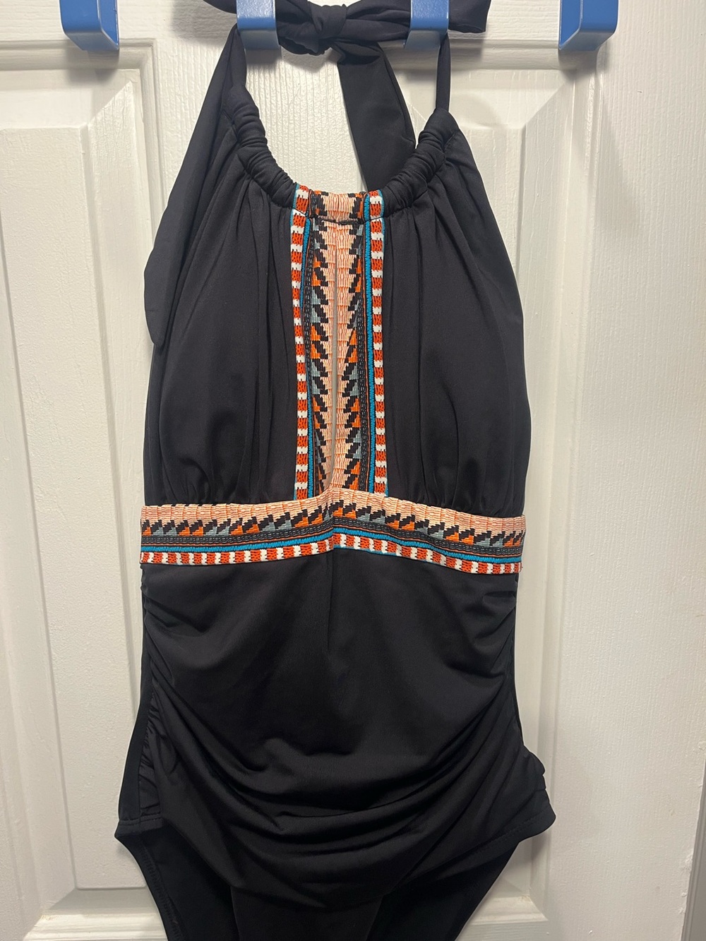 NWOT Kenneth Cole High Neck One Piece Black multi colored embroidered Swimsuit M